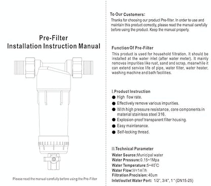 Bluonics Reusable Spin-Down Sediment Pre-Filter for Whole House City & Well Water, 40 Micron, Includes 1" and 3/4" NPT Adapters