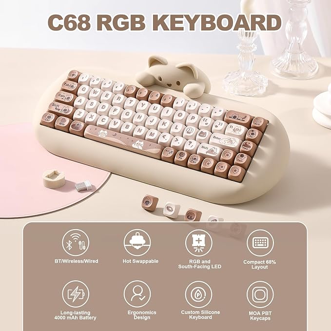 YUNZII C68 Wireless Mechanical Keyboard,65% Layout,Hot Swap,Triple Mode BT5.0/2.4G/Wired, RGB Backlit NKRO,Cute Cat Silicone Ergonomic Design for Win/Mac (Brown, Milk Switch)