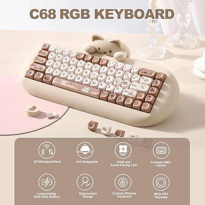 YUNZII C68 Wireless Mechanical Keyboard,65% Layout,Hot Swap,Triple Mode BT5.0/2.4G/Wired, RGB Backlit NKRO,Cute Cat Silicone Ergonomic Design for Win/Mac (Brown, Milk Switch)