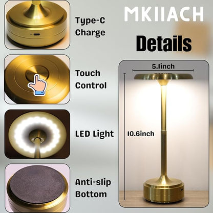 Small Table Lamp With 5200mah Battery - Rechargeable Desk Lamp For Cozy Nights, Usb-C Fast Charging & Stepless Dimming, Cordless Table Lamp With 3 Lighting Modes For Bedroom, Office & Travel(Gold)