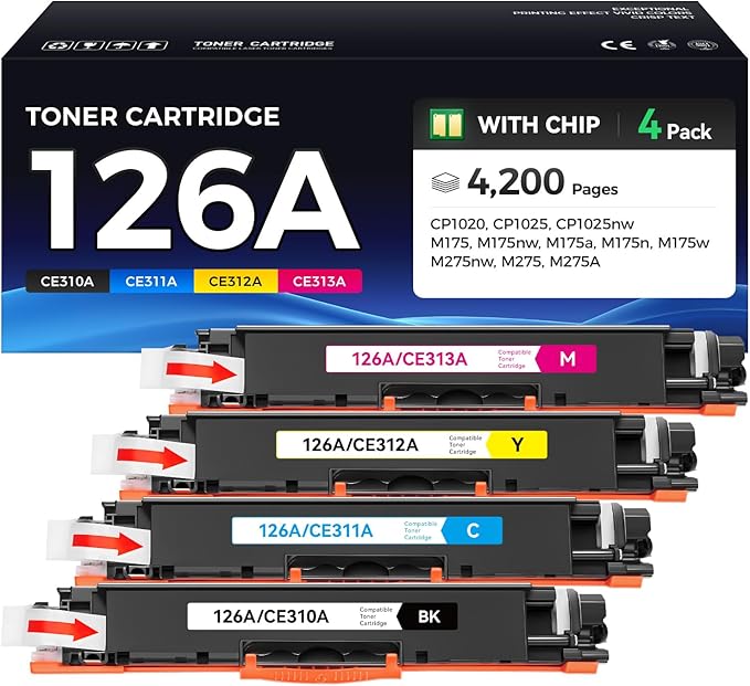 126A Toner Cartridge Set 4-Pack High Yield Replacement for HP 126A CE310A CE311A CE312A CE313A Compatible for HP LaserJet Pro 100 color MFP CP1025 CP1025nw M175nw TopShot M275 Printer Ink Black Copier