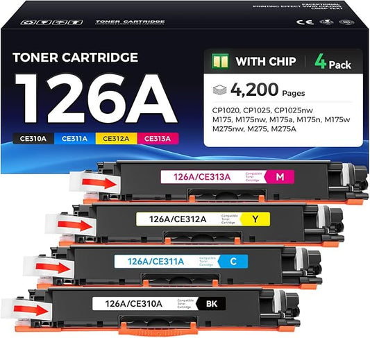 126A Toner Cartridge Set 4-Pack High Yield Replacement for HP 126A CE310A CE311A CE312A CE313A Compatible for HP LaserJet Pro 100 color MFP CP1025 CP1025nw M175nw TopShot M275 Printer Ink Black Copier