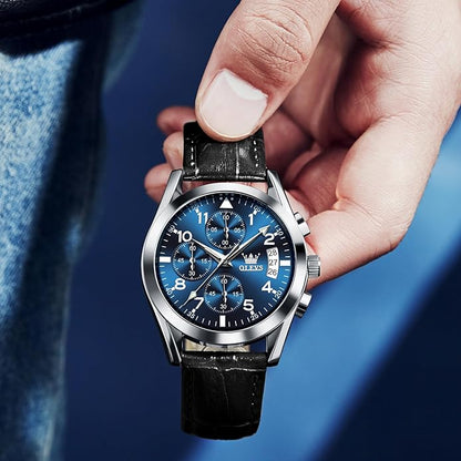OLEVS Men's Chronograph Leather Watch, Big Face Easy to Read Analog Quartz Dress Watch, Casual Waterproof Luminous Hands Date Watches for Men, White/Blue/Black/Gold Dial