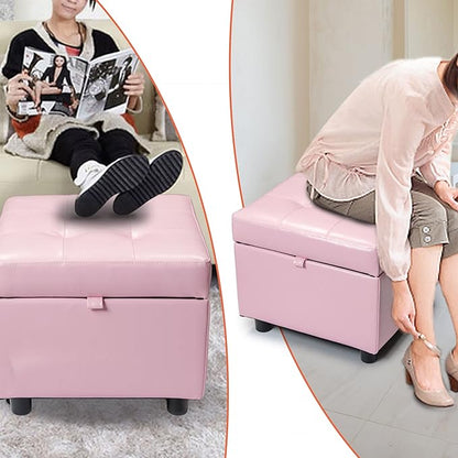 H&B Luxuries Tufted Leather Square Flip Top Storage Ottoman Cube Foot Rest