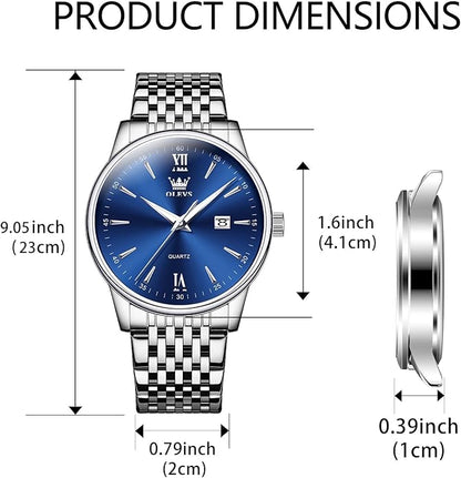 OLEVS Mens Watch Stainless Steel Analog Quartz Watches for Men Day Date Easy Read Diamond Waterproof Dress Luxury Classic Casual Big Face Blue/Black/Gold/Silver Roman Arabic Numerals Men's Wrist Watch