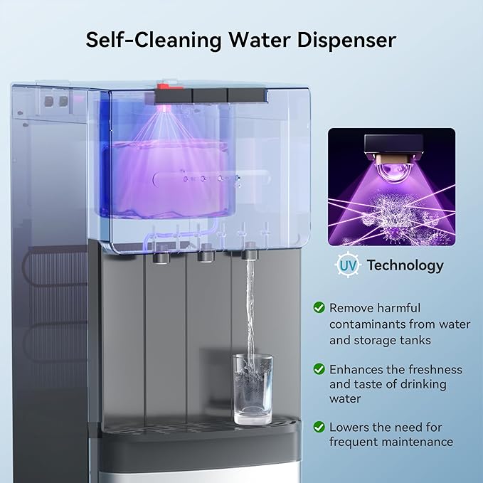 EUHOMY Self Cleaning Bottom Loading Water Cooler Dispenser, 3 Temperatures (Cold, Warm, Hot), Child Safety Lock, LED Indicator Light, Water Dispenser for Home, Apartment, Office, Black