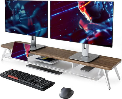 Fenge Dual Monitor Stand for Desk, 2 Tiers Monitor Riser with Acrylic Shelf, 42.5 Inch Wood and Aluminum Desk Shelf with Phone and Tablet Holder