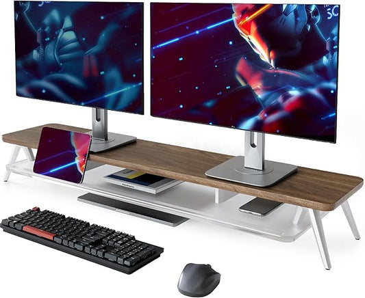 Fenge Dual Monitor Stand for Desk, 2 Tiers Monitor Riser with Acrylic Shelf, 42.5 Inch Wood and Aluminum Desk Shelf with Phone and Tablet Holder