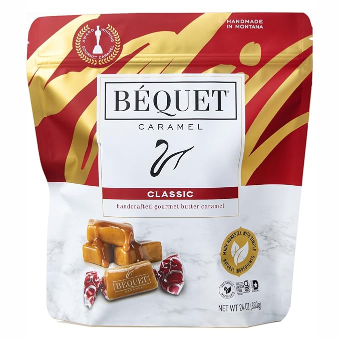 Béquet Classic Caramels – Soft, Individually Wrapped Gourmet Caramel Candy, Gluten‑Free & Kosher – 24 oz Resealable Pouch