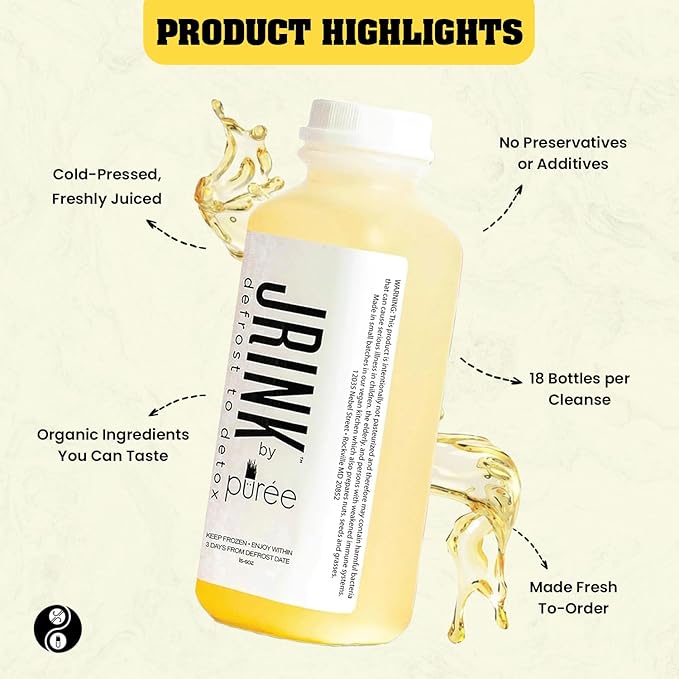 JRINK by Purée Ginger Lemon Juice, Cold Pressed Juice Cleanse with Organic Lemon Ginger, Detox Drink from Raw Fruit and Vegetable, No Preservatives, Healthy Cleanse, 16oz Bottles, 18 Pack