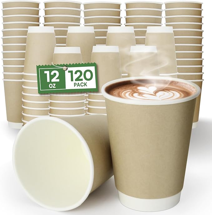 12 oz Compostable Coffee Cups Disposable Paper Cups,120 Pack Double Wall Hot Cups, BPI Certified PLA Coated Paper Cups, Natural Kraft To-go Disposable Coffee Cups for Office Coffee Bar To Go Travel
