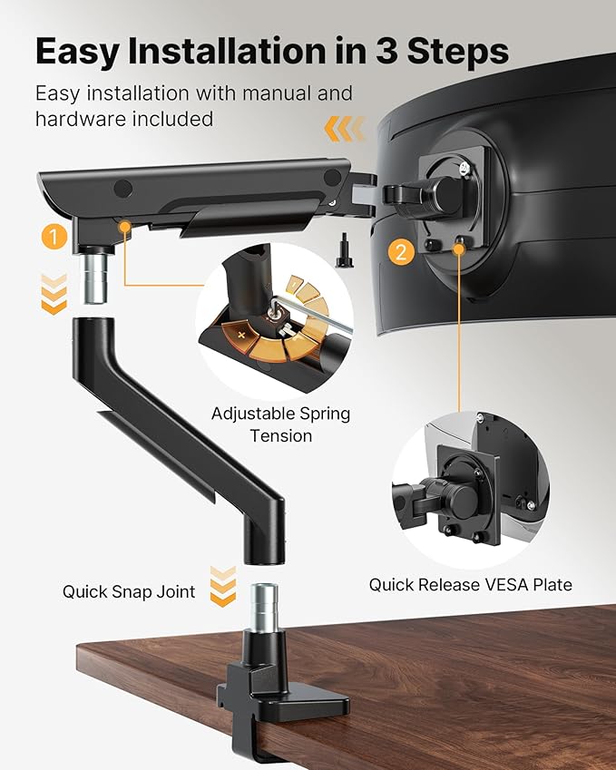 monTEK Sleek Aluminum Monitor Arm for 17–57” Ultrawide Screens up to 59 lbs, USB 3.0 A/C, Heavy Duty Single Monitor Arm Desk Mount, Pneumatic Lift, Quick-Release Plate, Clamp/Grommet, VESA 100x100