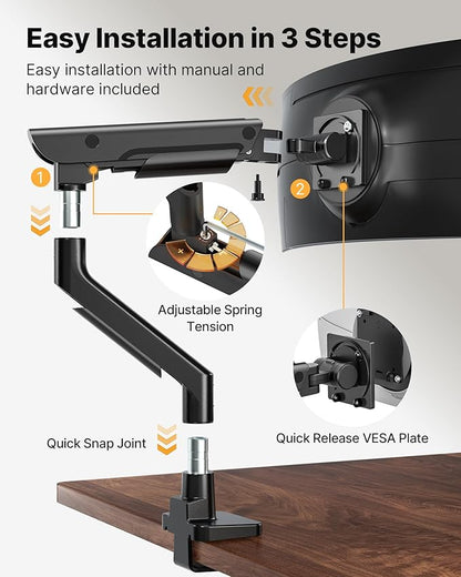 monTEK Sleek Aluminum Monitor Arm for 17–57” Ultrawide Screens up to 59 lbs, USB 3.0 A/C, Heavy Duty Single Monitor Arm Desk Mount, Pneumatic Lift, Quick-Release Plate, Clamp/Grommet, VESA 100x100