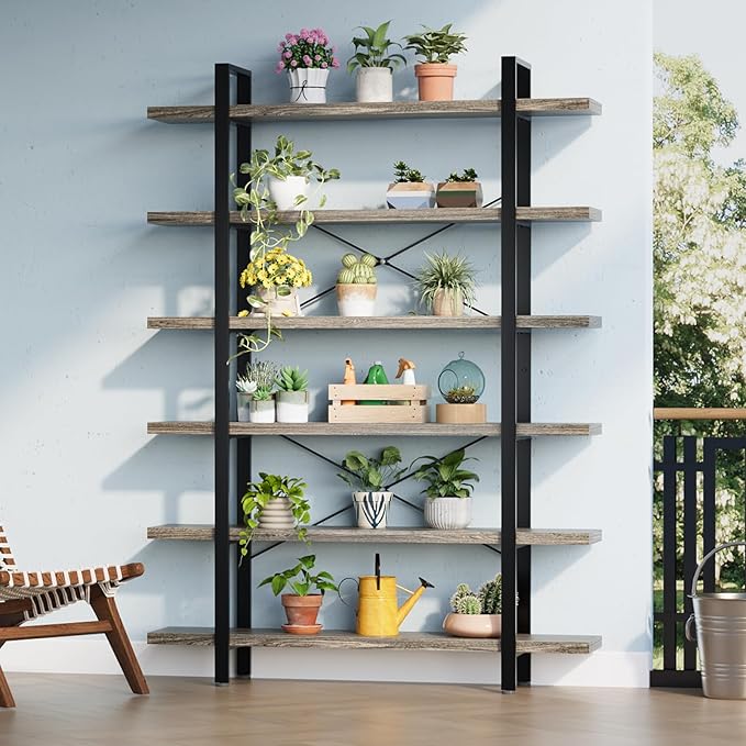 FURSUN Heavy Duty 5 Tier Bookcase, 70-in Tall Industrial Modern Large Bookshelf, Wood Farmhouse Bookcases Book Shelves and Metal Frame for Office, Bedroom, Living Room, Grey