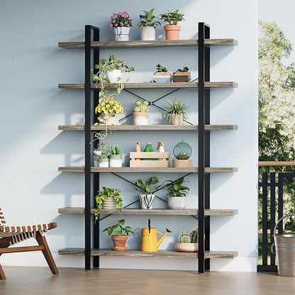 FURSUN Heavy Duty 5 Tier Bookcase, 70-in Tall Industrial Modern Large Bookshelf, Wood Farmhouse Bookcases Book Shelves and Metal Frame for Office, Bedroom, Living Room, Grey