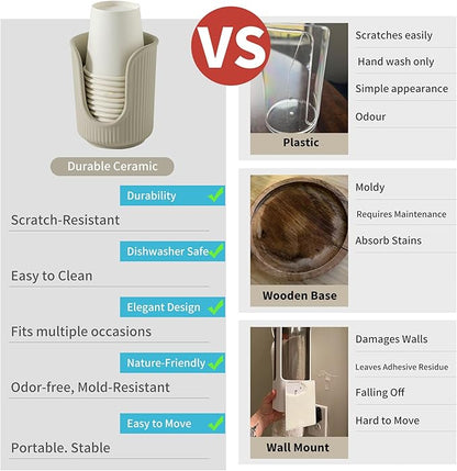 Ceramic Bathroom Cup Dispenser with Stylish Vertical Stripes - Disposable Mouthwash Cup Holder Holds 3-4oz Paper Cups for Rinsing Cups on Bathroom Vanity Countertops (Matte Beige)