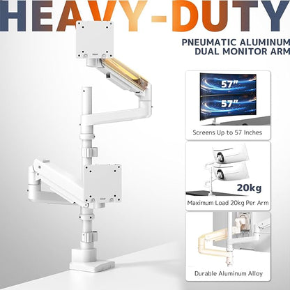 Dual Monitor-Arm Heavy-Duty for 17-57-Inch Screens - Ultrawide Vertical Dual Monitor Mount, Fully Adjustable Stacked Double Monitor Desk Mount Stand, Max Load 44 lbs per Screen, VESA 75/100 mm, White