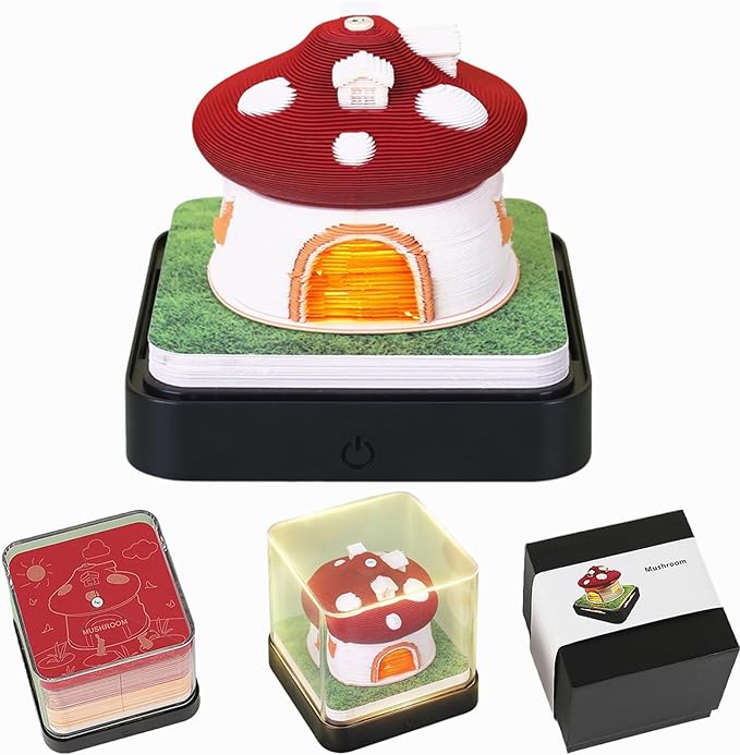 3D Time Piece Calendar 2026 DIY Calendars Tear Away Carving Art 3D Memo Pad Calendar With LED Lights sculpture artsy pads calendar notepad for Desktop Decor-Red Mushroom House