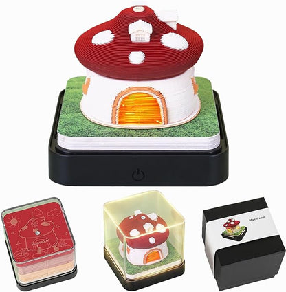 3D Time Piece Calendar 2026 DIY Calendars Tear Away Carving Art 3D Memo Pad Calendar With LED Lights sculpture artsy pads calendar notepad for Desktop Decor-Red Mushroom House