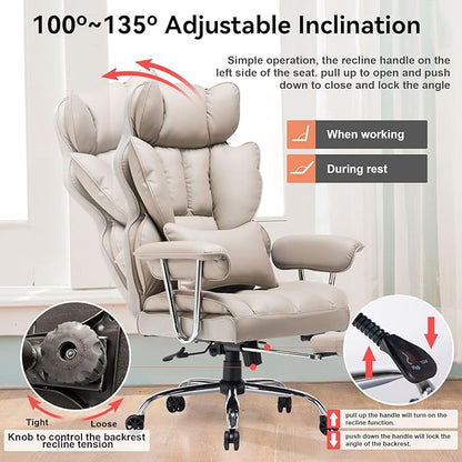Efomao Big and Tall Office Chair 400lbs – PU Leather Executive Office Chair with Lumbar Support & Leg Rest, Heavy-Duty Computer Chair for Home Office, Grey