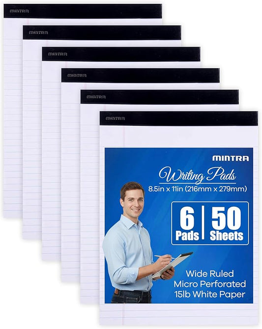 Mintra Office Legal Pads - ((BASIC WHITE 6pk, 8.5in x 11in, WIDE RULED))