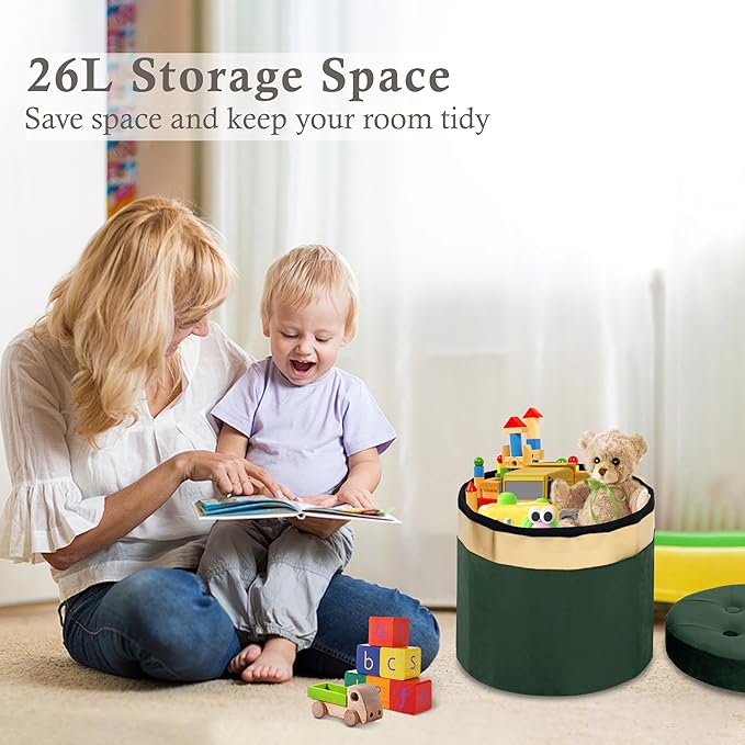 Small Ottoman with Storage,Folding Round Ottoman with Gold Trim,Velvet Storage Stool,Foot Stool with Soft Padded,Foot Rest for Living Room13“x13”x12.4(Green,1pcs)