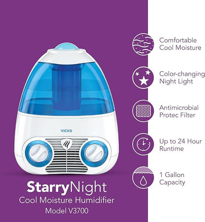 Vicks Starry Night Filtered Cool Mist Humidifier, Medium to Large Rooms, 1 Gallon Tank – Cool Mist Humidifier for Baby and Kids Rooms with Light Up Star Night Light Display, Works with Vicks VapoPads