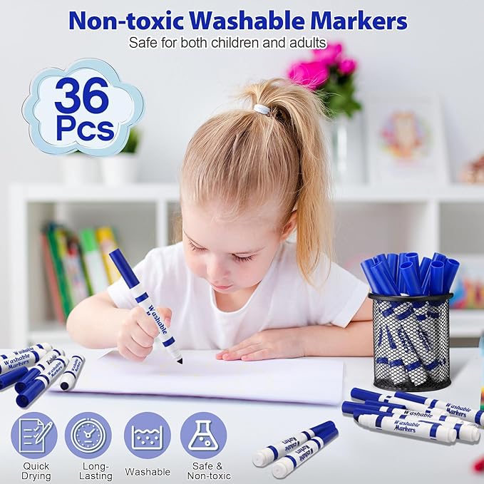 Janlaugh 36 Pcs Blue Washable Markers Bulk Coloring Broad Line Markers for Kids Blue Conical Tip drawing pen for School Supplies, travel Art baby shower gender reveal party Supplies, Ages 6+