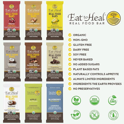 EatToHeal Variety Pack Real Food Bar - Organic Vegan Healthy Gluten Free Protein Bars - Low Sugar Meal Replacement Bar, Non GMO, Never Baked, Plant Based - Crafted to Enjoy, Not Sit on Shelves