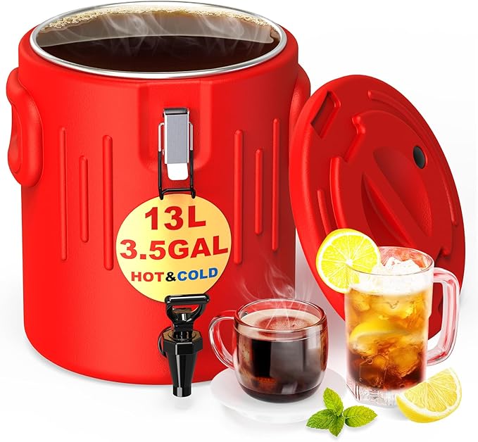Insulated Beverage Dispenser 3.5 Gallon- Ice and Hot Drink Dispenser with 304 Stainless Steel Interior and Spout, Portable Hot Water Dispenser, Outdoors Cooler Jug for Camping Party Sports, New