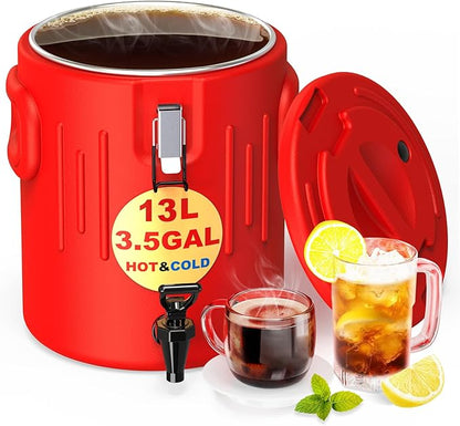 Insulated Beverage Dispenser 3.5 Gallon- Ice and Hot Drink Dispenser with 304 Stainless Steel Interior and Spout, Portable Hot Water Dispenser, Outdoors Cooler Jug for Camping Party Sports, New