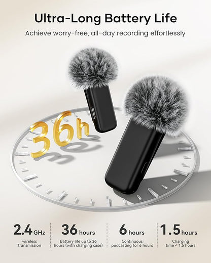 Wireless Lavalier Microphone with Charging Case, 36H Battery Life, Noise Cancellation, 135ft Range, Plug-and-Play Clip-On Mic for iPhone, iPad, Android, YouTube, Vlog, Live Streaming