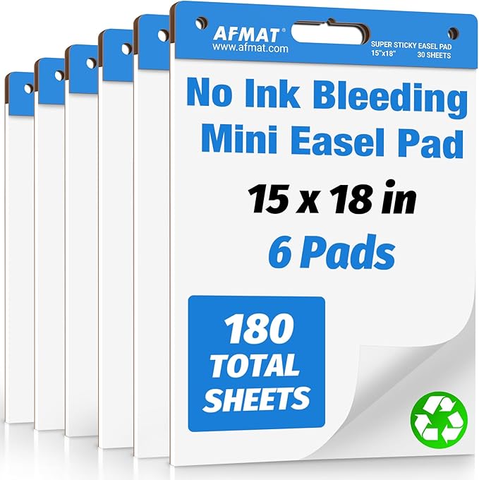 AFMAT Sticky Easel Pads, 15 in x 18 in Anchor Chart Paper, Ink Bleed-Through Resistant Flip Chart Paper for Office/Classroom/Whiteboard/Wall/Windows, 30 Sheets/Pad, 6 Pads