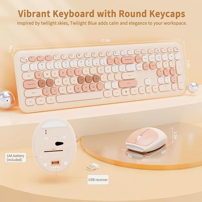 Wireless Keyboard and Mouse Combo, Retro Typewriter Keyboard with Round Keycaps, Full-Size Ergonomic, Brown, Ideal for Windows PC, Home, Office, and College, Wireless Keyboard Mouse Combo