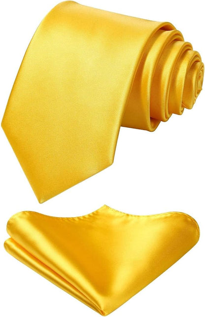 HISDERN Mens Solid Color Ties Formal Satin Necktie and Pocket Square Set Classic Wedding Business Tie & Handkerchief