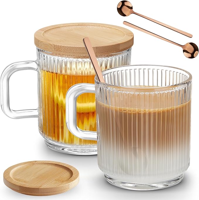 Mfacoy 2 PACK Glass Coffee Mugs with Handle & Spoon, 12 OZ Glass Coffee Cups with Bamboo Lid, Ribbed Glass Cups, Clear Tea Cup for Hot/Cold Beverages, Glassware Set for Americano, Latte, Cappuccino