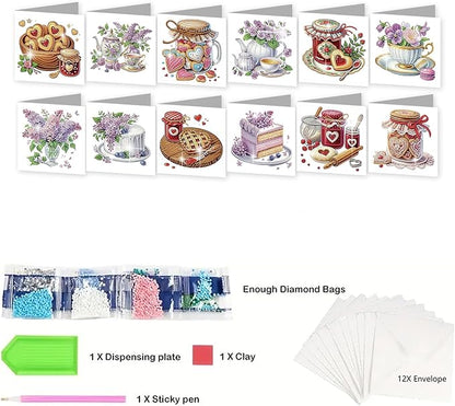 jinglinhh 12pcs Valentine's Day Diamond Art Painting Love Heart Cookies Cakes Afternoon Tea Flowers Greeting Cards with Envelopes, DIY Card Making Kits for Adults, Diamond Art Birthday Holiday Cards Craft Gifts