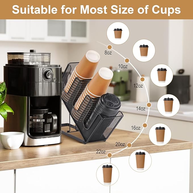 Disposable Coffee Cup Holder for Countertop, Paper Cup and Lid Holder Dispenser with Straw Organizer for Coffee Station Bar Restaurant Breakroom Office, Black