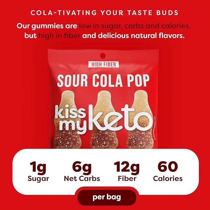 Kiss My Keto Sugar Free Gummies, Sour Cola 32-Pack – Satisfy Cravings while Staying in Ketosis – High Fiber, 6g Net Carbs, Non-GMO, Vegan, & Gluten-Free – Low-Calorie Vegan Candy
