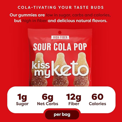 Kiss My Keto Sugar Free Gummies, Sour Cola 32-Pack – Satisfy Cravings while Staying in Ketosis – High Fiber, 6g Net Carbs, Non-GMO, Vegan, & Gluten-Free – Low-Calorie Vegan Candy