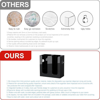 WINFFOR Disposable Cup Organizer Dispenser - 2 Compartments Black Acrylic Cup and Lid Holder with Handles Plastic Cup Dispenser Countertop Paper Cup Holder for Coffee Bar House Party Essentials