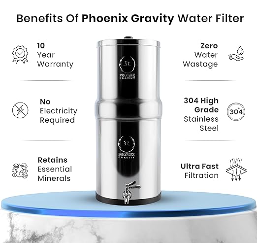 Gravity Water Filter System - 1.5 Gallons NSF Certified AISI 304 Stainless Steel Countertop Water Filter System with 2 Smart (Black) Carbon Filter Elements & Free Stainless Steel Water Spigot (1.5G)