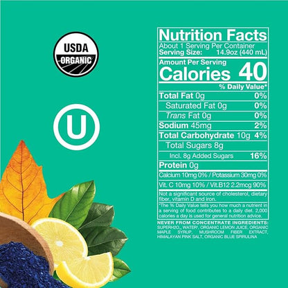Organic SuperAde Hydration Drink, Boosts Memory, SuperFood Lemonade by Sol-ti, Cold-Pressed Blue Spirulina and Lemon Juice Blend, 16 Pack (14.9 Fl oz)