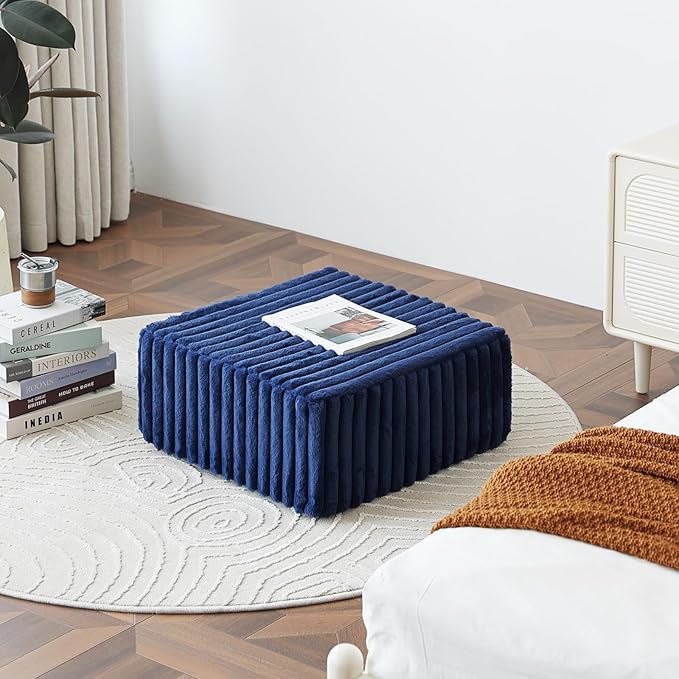 Tiita Suqre Stuffed Pouf Ottoman, Stripe Poufs 21×21×10 inch with Foam Chunk Filling, Floor Bean Bag Floor Chair Storage for Living Room Bedroom Home Decor, Navy Blue