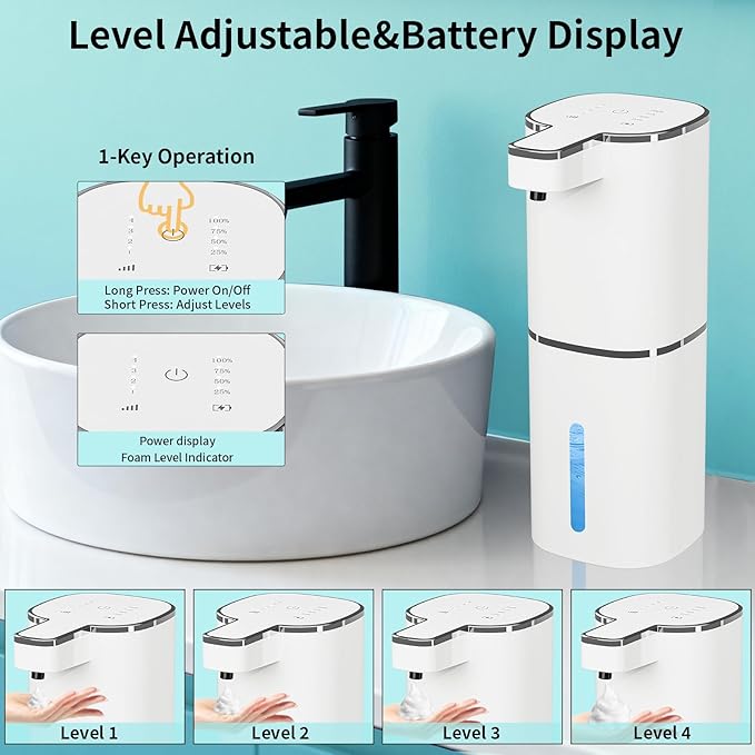 Automatic Soap Dispenser Touchless, Wall Mounted Smart Soap Dispenser, USB Rechargeable, 4 Adjustable Levels, 14.2oz / 420ml Large Capacity, for Bathroom, Kitchen, School (White, Foaming)