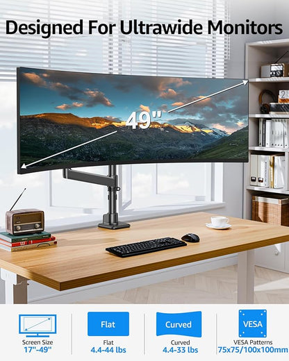 MOUNTUP Heavy Duty Monitor Arm Fits 49 45 42 40 39 34 32 Inch Screens, Ultrawide Monitor Arm Holds 4.4-44 lbs, Monitors Stand for Samsung Odyssey G9 and More, Gas Spring Height Adjustable, VESA Mount