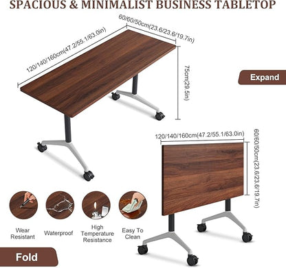Folding Conference Table Modern Large Mobile Meeting Table Rolling Conference Room Tables with Wheels Seminar Tables for Office Training Classroom (6, Walnut, 47.2" D X 23.6" W X 29.5" H)