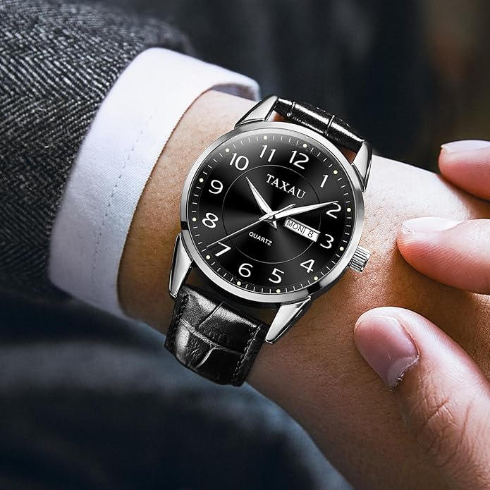 Men's Watch Big Face Easy Read Arabic Numeral Dress Watches for Men Classic Black Brown Leather Band Analog Mens Wrist Watch with Day and Date Fashion Business Waterproof Luminous Quartz Watch