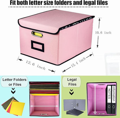 Collapsible File Organizer Box, filing Storage boxes for hanging files with lid, Linen Portable file folder box with handle, Decorative Document Storage Bins for Office/Home/Décor(Pink)