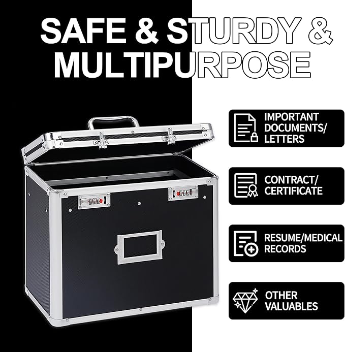 Aluminum Storage File Box with Lock,Portable Locking Storage Totes with Dual Combination Locks for Filing Office Documents